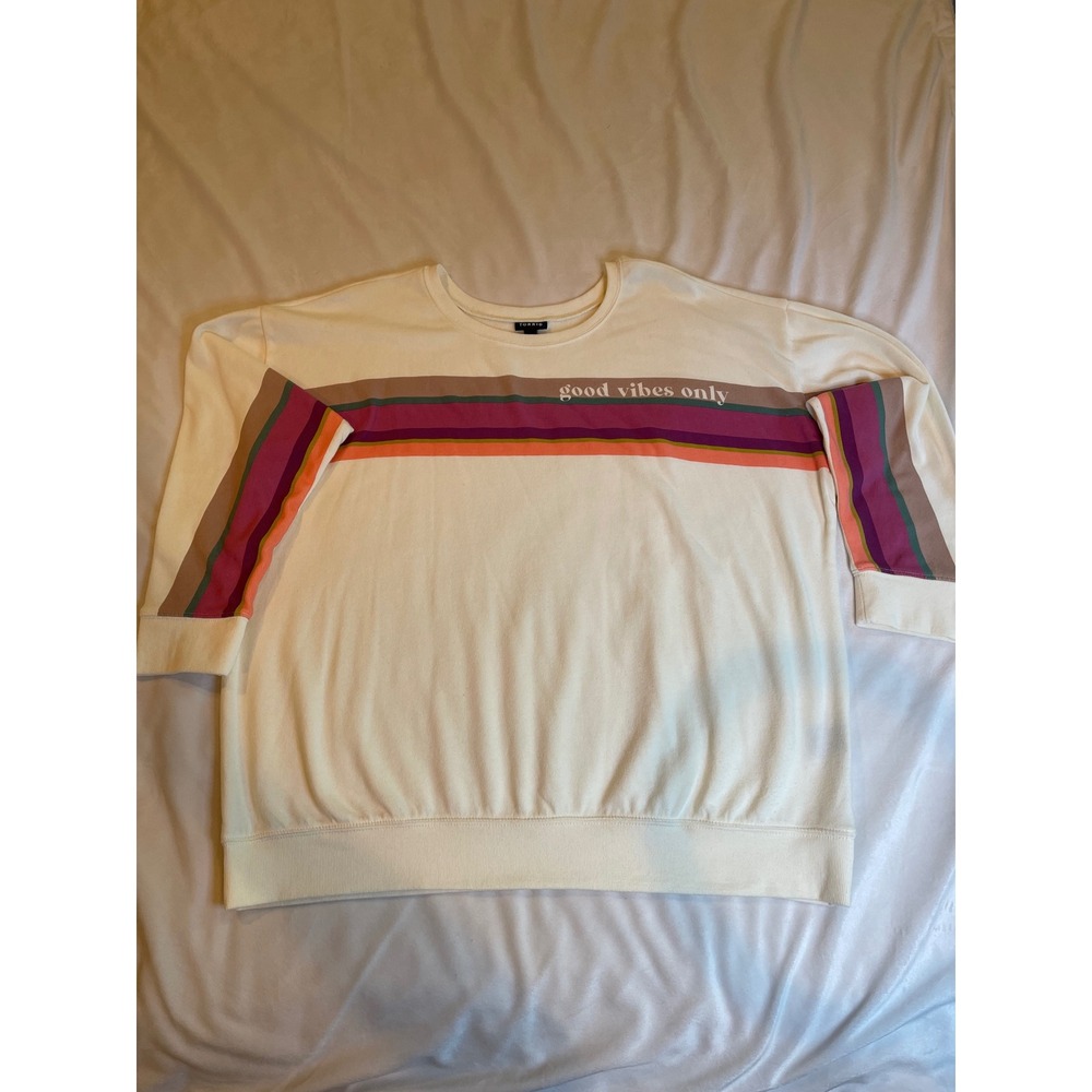 Torrid Good Vibes Only Retro Stripe Sweatshirt Cream Multi Plus Size 2 2X